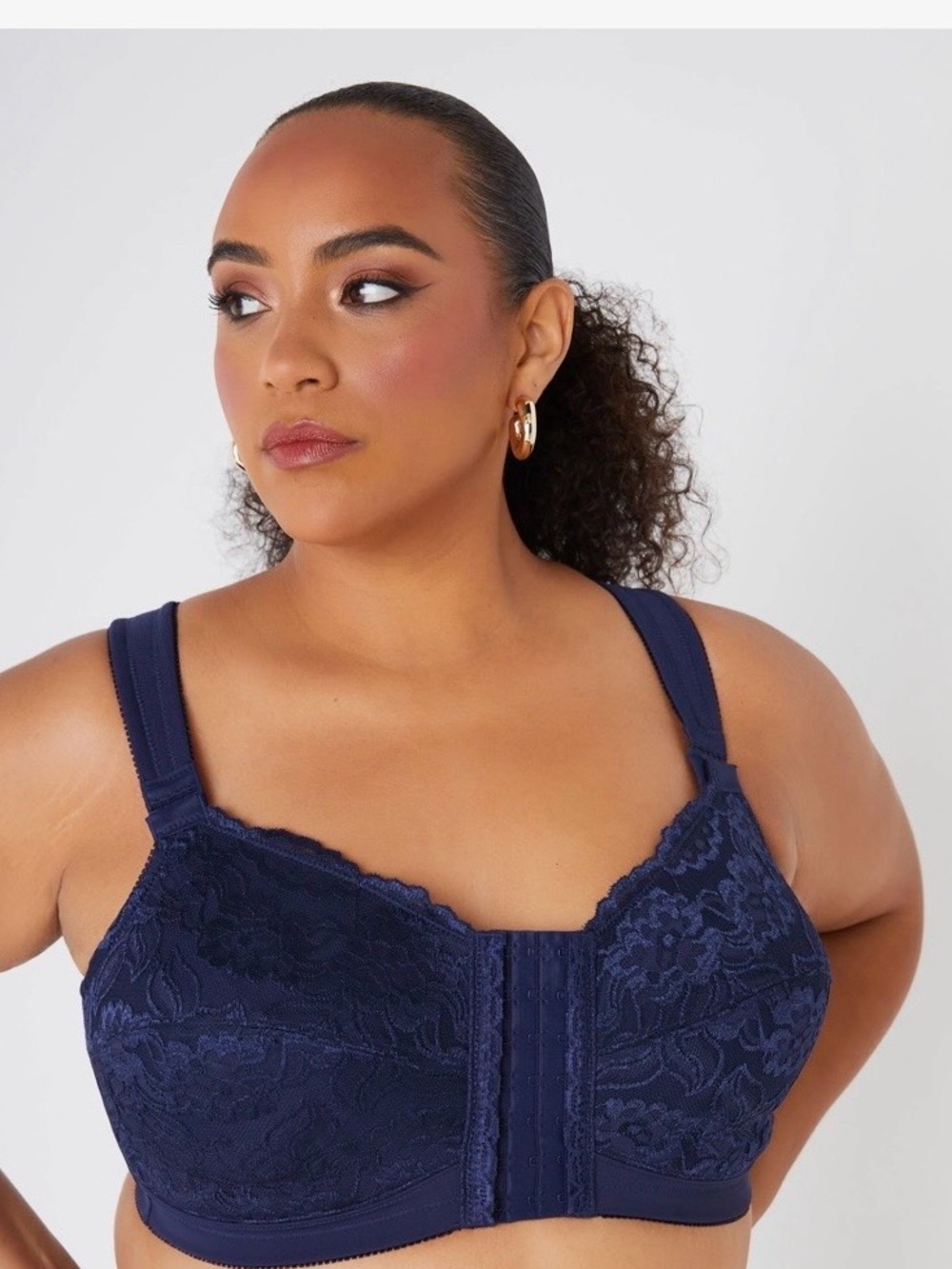 Full Coverage Navy Lace Front-Closure Women's Bra